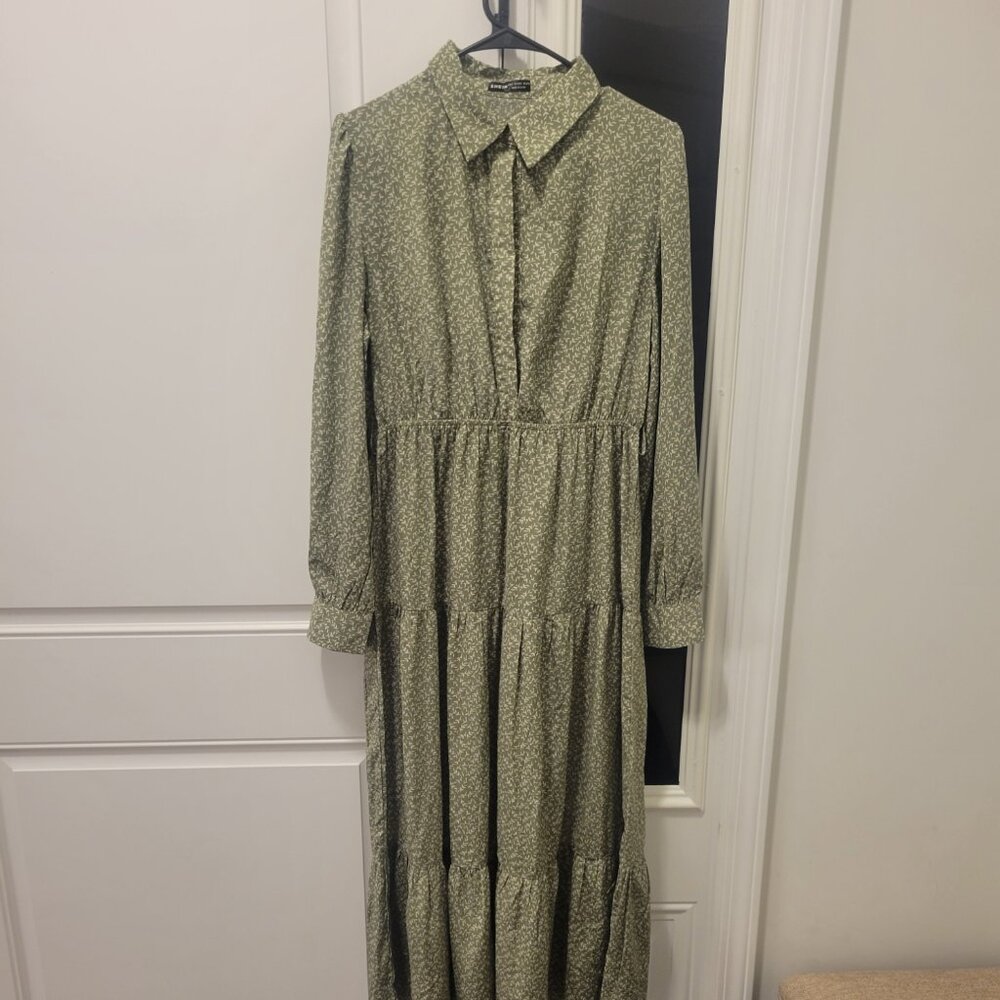 Shein Long Sleeve Maxi Dress Prairie Tiers Belt Green Floral sz L US 8/10 Cute - Picture 4 of 11